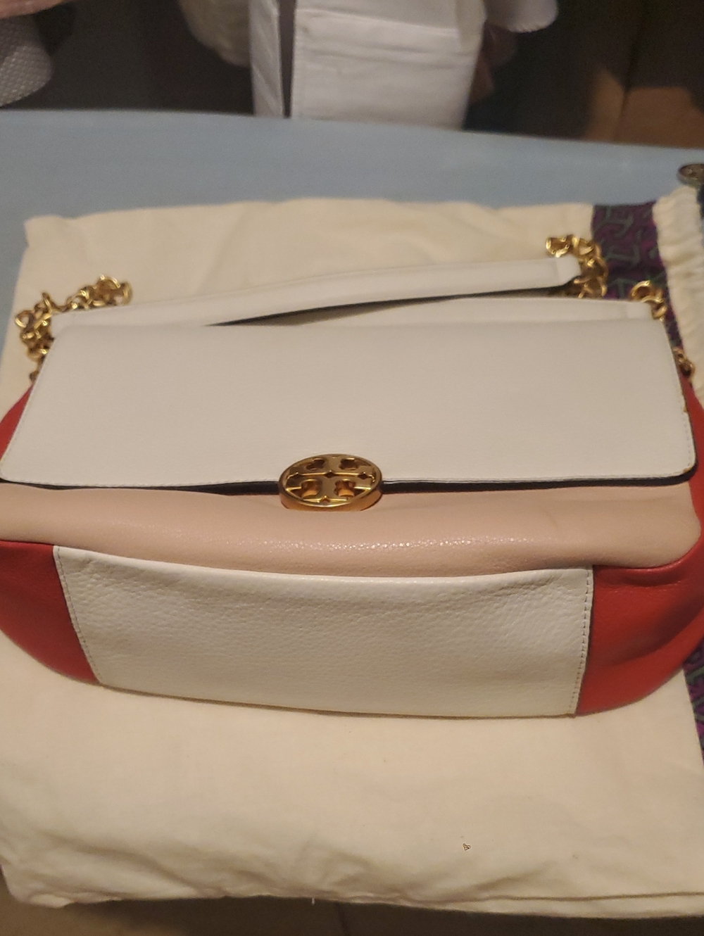 Tory Burch Colorblock Leather Shoulder Bag in White, Pink & Red